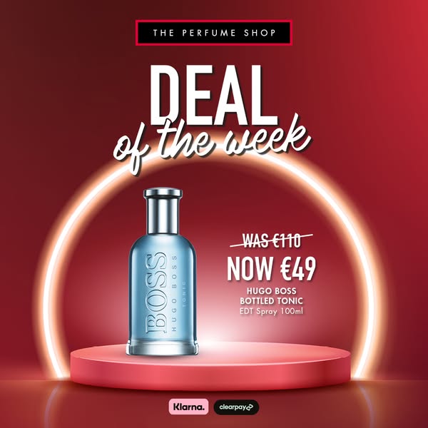 This ad by The Perfume Shop promotes Hugo Boss Bottled Tonic EDT Spray 100ml with a limited-time offer.