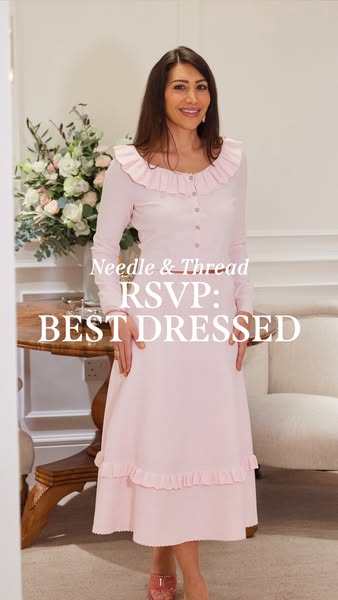 This ad features a woman wearing a pink dress from Needle & Thread. The ad headline is RSVP: BEST DRESSED.