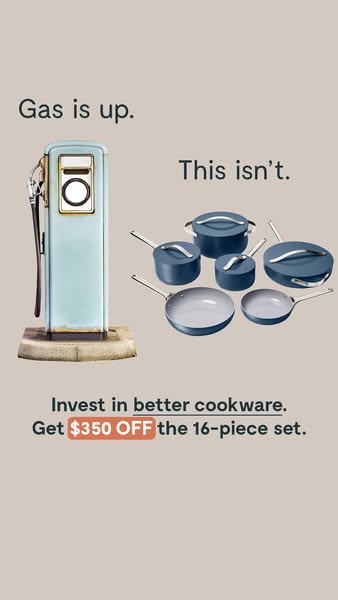 The image ad features a gas pump and a set of cookware to convey the message that while gas prices are high, investing i