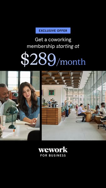 This ad promotes WeWork coworking spaces, offering a membership starting at $289 per month. The image is split, showcasi