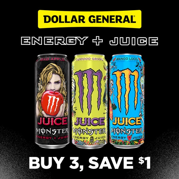 This image ad promotes Monster Energy Juice drinks. It features three different flavors of Monster Energy Juice drinks a