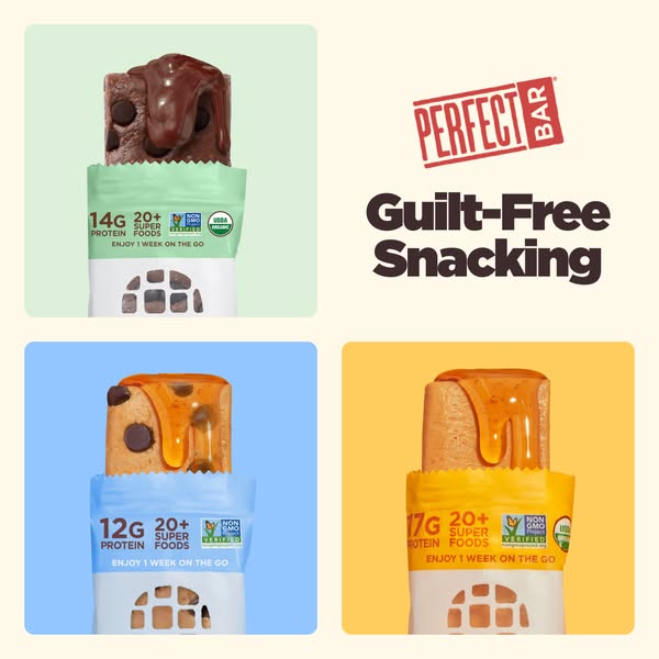 Image ad for Perfect Bar snack bars, promoting the bars as a guilt-free snack. It showcases 3 different varieties of Per