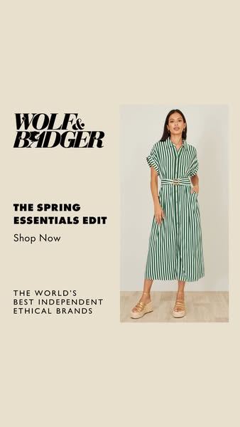 This image ad is for Wolf & Badger's spring essentials edit. The ad features a woman wearing a green and white s