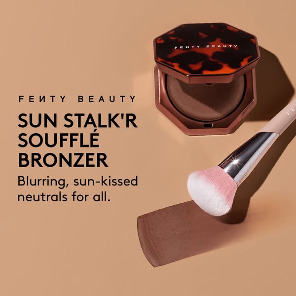 A product shot of Fenty Beauty bronzer next to a bronzer brush. The ad highlights the bronzer as a way to achieve a sun-