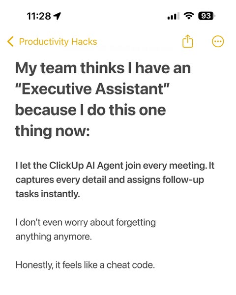 This ad features a screenshot of a note from someone who uses ClickUp's AI agent. The note explains that their team 