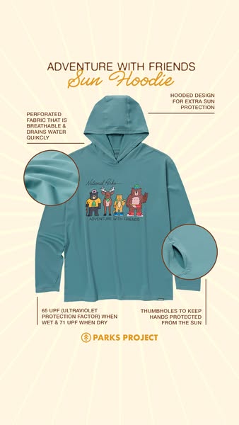 This ad promotes Parks Project's Sun Hoodie, highlighting its sun protection capabilities, breathable material, and 