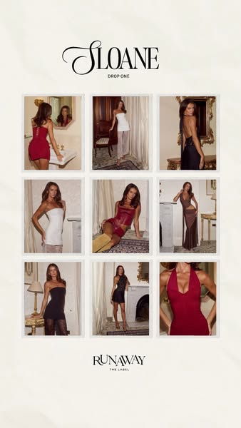 This ad showcases a variety of outfits from Runaway The Label's 'Sloane Drop One' collection. The layout fea