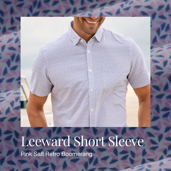 This ad features a well-lit, medium shot of a man wearing a short-sleeved, button-down shirt, isolated on a background p