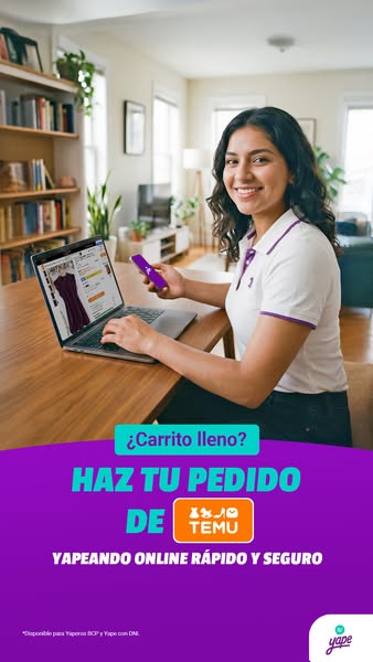 This image ad promotes Yape, a mobile payment service, in partnership with Temu, an online marketplace. It features a wo