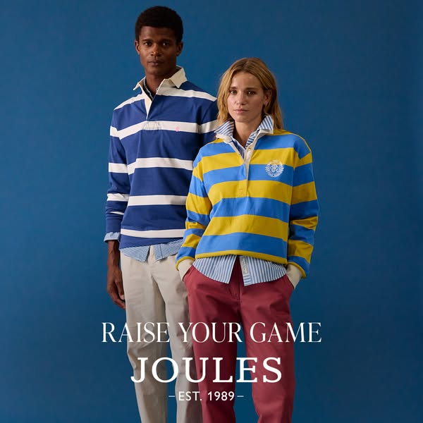 This image ad from Joules features a man and woman wearing rugby shirts with the brand name at the bottom.
