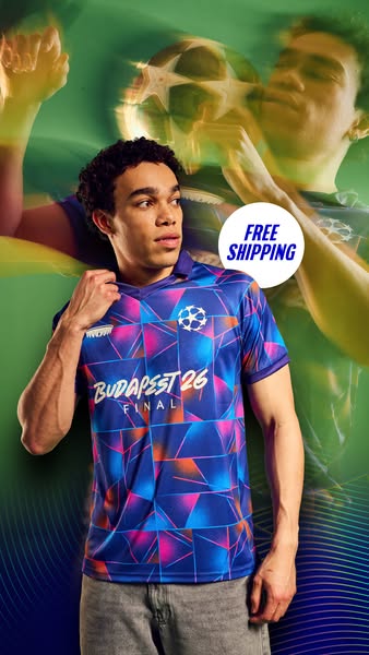 This ad features a man wearing a colorful soccer jersey with a geometric design. The ad promotes free shipping on the pr