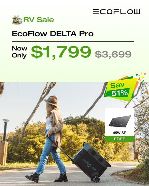 This image ad for EcoFlow features the DELTA Pro portable power station with a sale price and a free solar panel gift. T