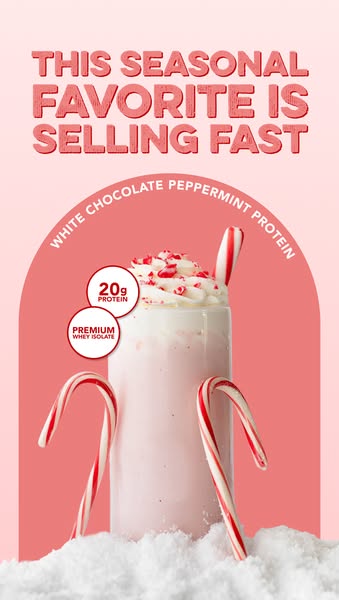 This image ad promotes a seasonal white chocolate peppermint protein powder. The ad uses a visually appealing image of a