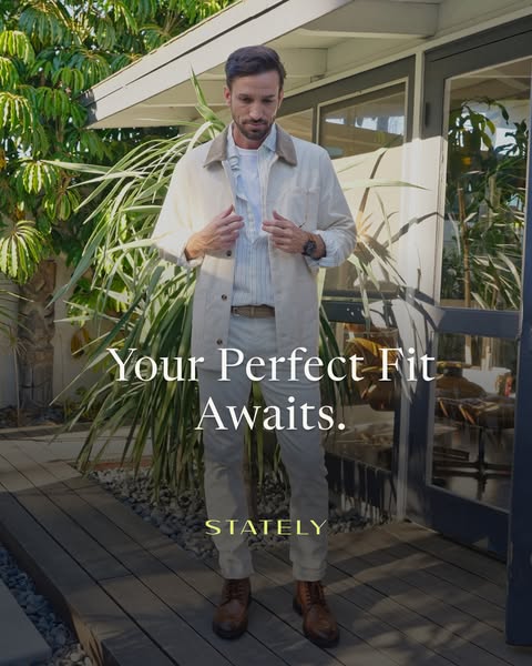 This ad features a man wearing clothing from Stately. The ad highlights that Stately can help the customer find their pe
