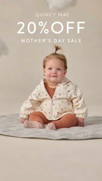 This image ad features a baby modeling children's clothing from the brand Quincy Mae. A sale is promoted for Mother&