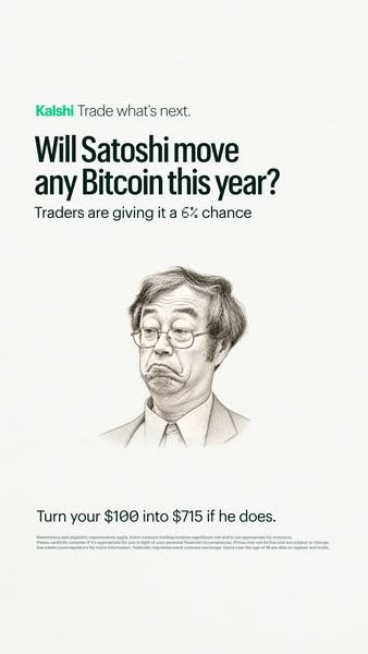 The ad attempts to pique viewer interest by posing a question about Satoshi Nakamoto moving Bitcoin, followed by the sug