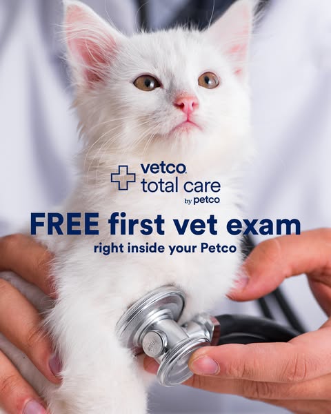This image ad is for Vetco Total Care by Petco and it offers a free first vet exam right inside Petco. The ad features a
