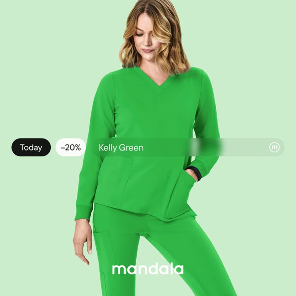 This ad features a model wearing a matching top and pants scrub set in Kelly Green. The ad promotes a 20% discount on th