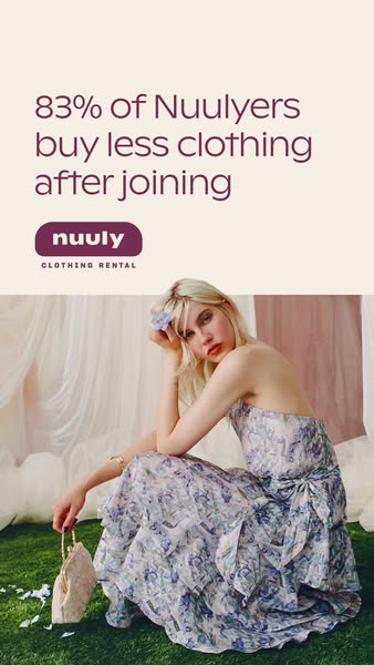 This image ad for Nuuly features a woman in a long dress sitting on a patch of grass with the headline '83% of Nuuly