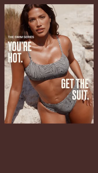 This image ad features a woman wearing a bikini and is promoting swimsuits. The ad uses the phrase 'You're hot. 