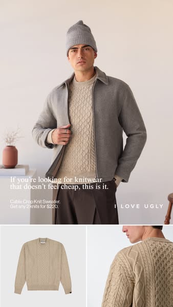 This image ad promotes I Love Ugly's Cable Crop Knit Sweater, positioning it as high-quality knitwear with an offer 