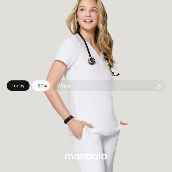 This Meta image ad presents the Mandala brand's white scrub set for medical professionals. The visual features a you