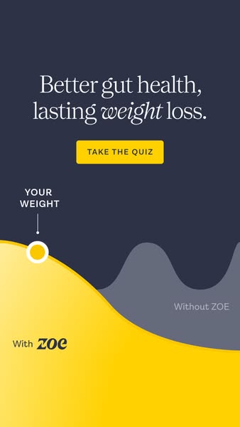 This ad promotes Zoe, a program that helps people achieve better gut health and lasting weight loss by taking a quiz.