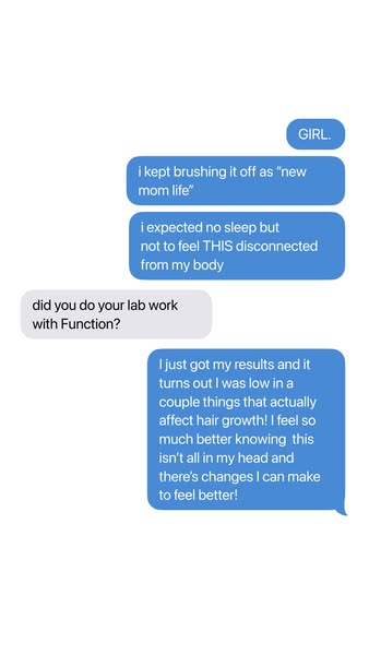 This ad shows a screenshot of a text message conversation in which a woman shares that she had low levels of a couple of