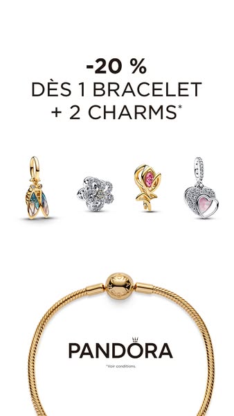 This ad promotes a special offer from Pandora, advertising a 20% discount when purchasing a bracelet and two charms.