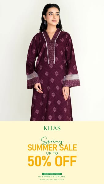 This image ad promotes the KHAS brand by showcasing their Spring/Summer sale of up to 50% off on entire stock, available