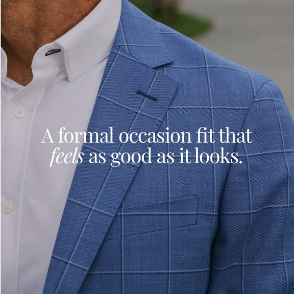 This image ad features a tailored blue blazer over a white collared shirt. The headline reads: "A formal occasion f
