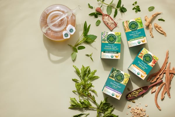 The image is a flatlay featuring the Traditional Medicinals brand of tea. It features 4 different types of tea, each tar