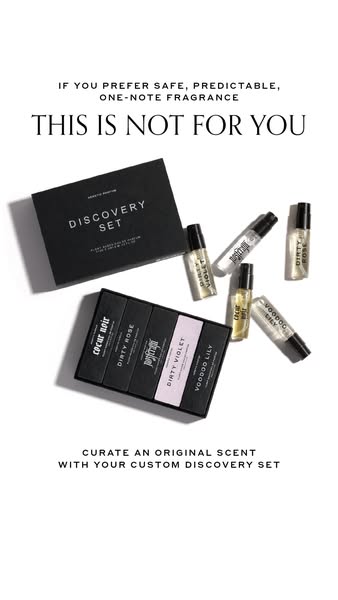 An image ad for a custom discovery set of scents, encouraging the viewer to create an original scent, and contrasting wi