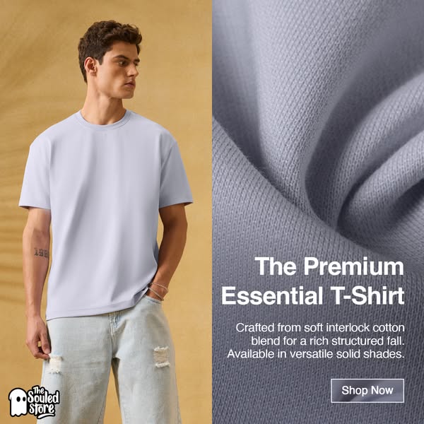 This image ad showcases The Souled Store's Premium Essential T-Shirt, highlighting its soft interlock cotton blend, 