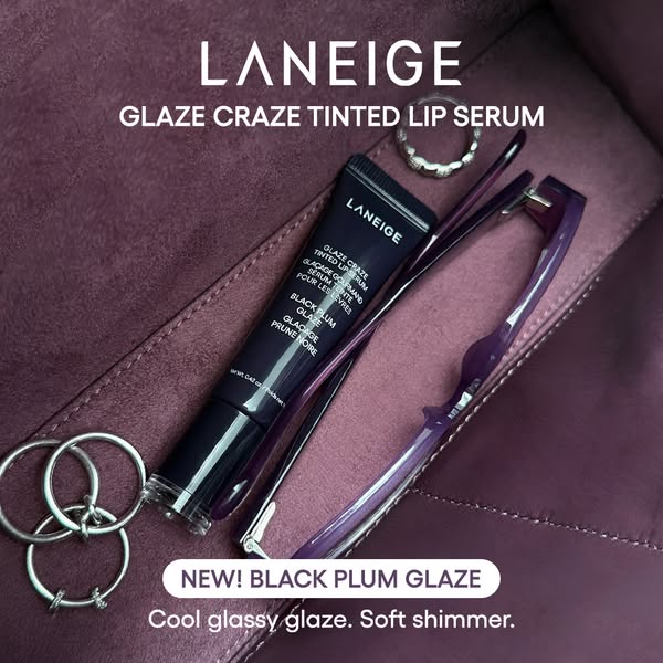 This ad features Laneige's Glaze Craze Tinted Lip Serum, highlighting its new Black Plum Glaze color. The ad showcas