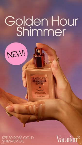 This ad showcases Vacation's SPF 30 Rose Gold Shimmer Oil being held by a person and dripped off of their hand. The 