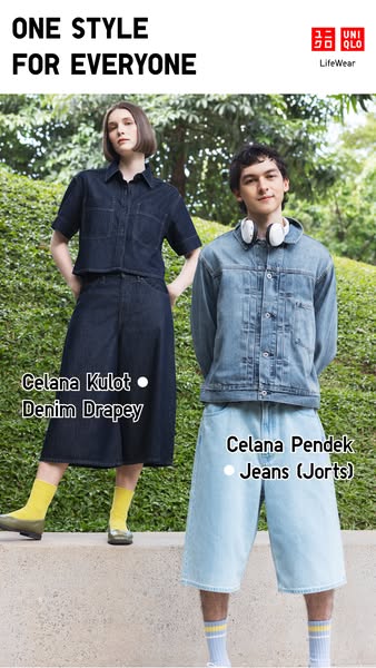 An ad showcasing a collection of denim products from UNIQLO's LifeWear line. It features two models wearing denim ou