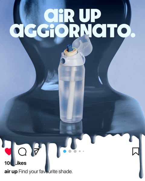 This ad showcases the air up bottle against a backdrop of melting blue goo. The ad is designed to mimic an Instagram pos