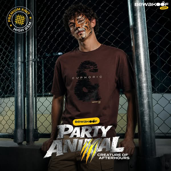 This ad showcases a man wearing a brown t-shirt with an artistic design, positioning it as part of a 'Party Animal&#