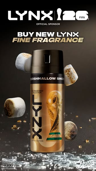 An ad for Lynx's new fine fragrance, Marshmallow Smoke. The ad emphasizes the FIFA sponsorship with the World Cup tr