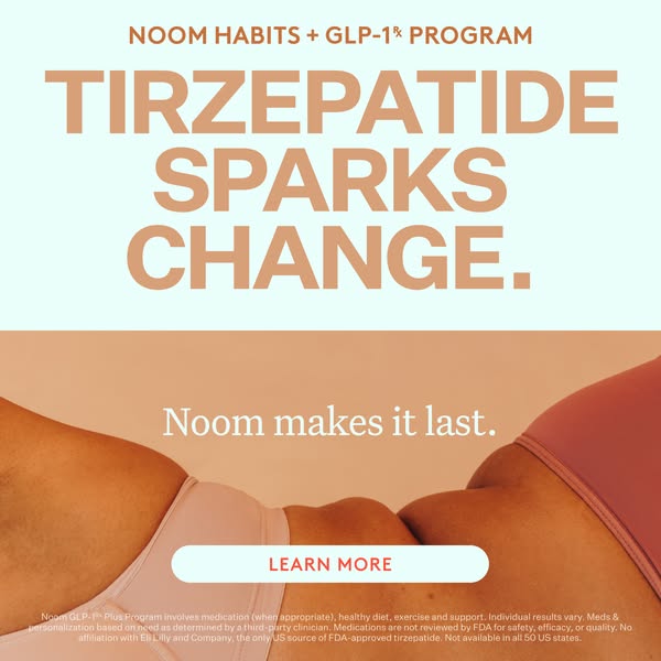 This ad promotes the Noom GLP-1+ Program with the goal of helping people lose weight. The ad features a close-up of a pe