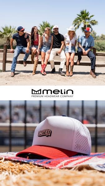 This image ad promotes Melin headwear with a lifestyle shot of a group of friends and a close up of a hat. It evokes a c
