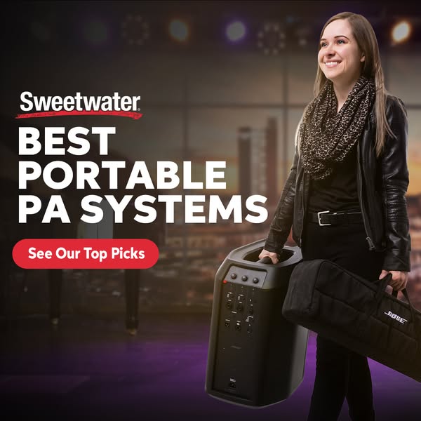 This ad showcases Sweetwater's selection of portable PA systems, featuring an image of a woman carrying a Bose porta
