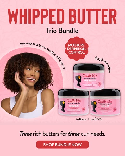 This ad showcases a trio bundle of whipped butter hair products from Camille Rose. It features a person with curly hair 