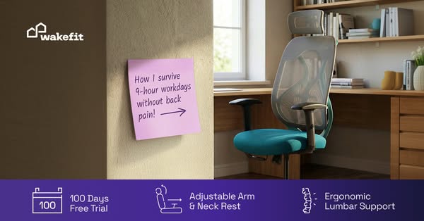 This image ad features an ergonomic office chair from Wakefit designed to provide lumbar support and comfort for long wo