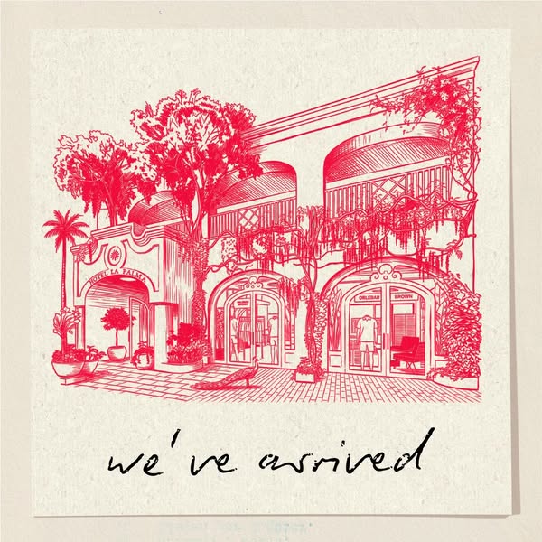 An ad depicting a red line-art drawing of Hotel La Palma featuring Orlebar Brown on the ground floor with the announceme
