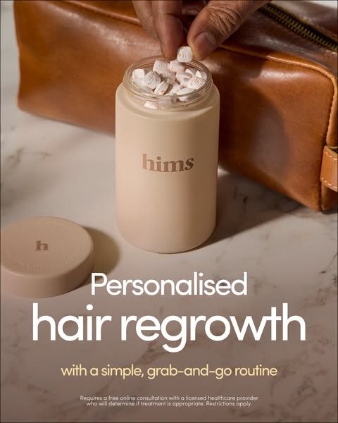 This image ad for hims promotes personalized hair regrowth treatments that are easy to use and integrate into a daily ro