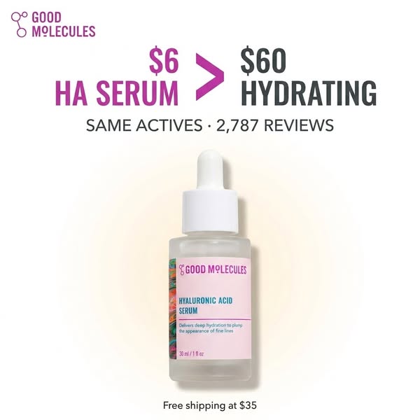 This ad compares the Good Molecules HA serum with a more expensive hydrating serum, highlighting that they have the same