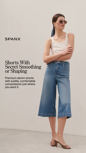 This ad showcases denim shorts from Spanx. The main focus of the ad is to highlight the shorts' smoothing and shapin