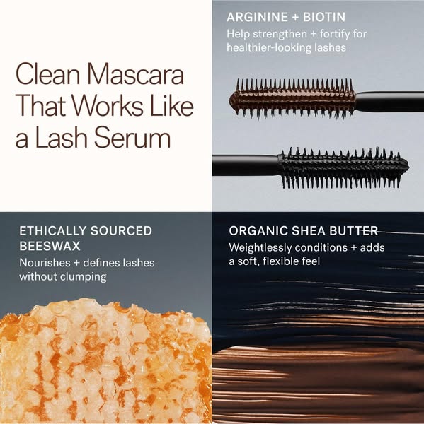 This image ad for a "clean mascara" highlights key ingredients and product benefits. The ad uses a split-scree